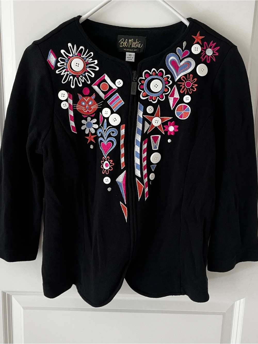 Bob Mackie Wearable Art Black Embroidered Cat Heart Zip Cardigan Jacket Size XS